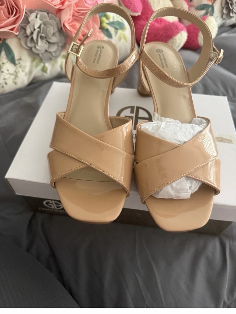 Giani Bernini Nude Patent Cross-Strap Block Heel Sandals